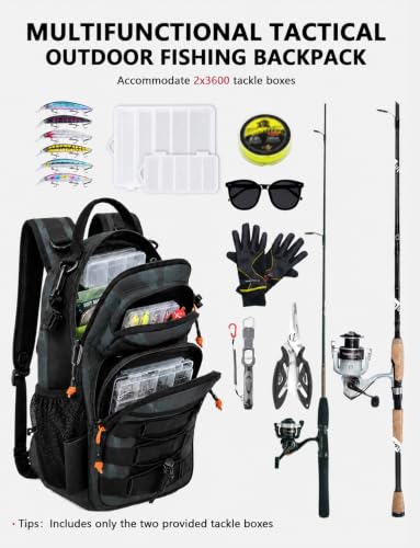 2 in 1 Compact Tactical Fishing Backpack with Tackle Boxes, Lightweight Waterproof Tackle Bag Fit 2 * 3600 Tackle Boxes, 2 Rod Holders Storage, Fishing Accessories Gift for Men Green - color: green