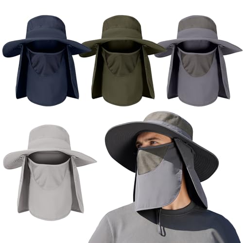4 Pack Sun Hats for Men Women UPF 50+ Wide Brim Fishing Bucket Hat Summer Outdoor UV Protection Adjustable Neck Flap - color: Light Gray, Gray, Blue, Green