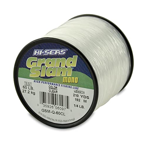 HI-SEAS Grand Slam Monofilament Fishing Line - Strong & Abrasion Resistant in Clear, Pink, Green, Smoke Blue, Fluorescent Yellow Freshwater & Saltwater – Quarter Pound Spool - color: Clear, style: 60 Lb Test, 0.80 Mm Dia, 210 Yd