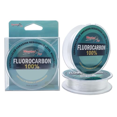 MASTERPRO 100% Fluorocarbon Coated Fishing Line, 10lb 15lb 20lb 25lb 30lb 40lb 50lb 80lb 100lb, Clear, 50m/roll, Strong & Tough Fast Sinking Fishing Leader for Freshwater and Saltwater