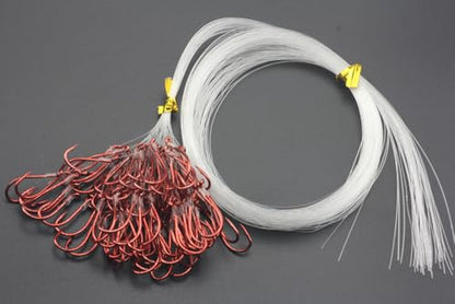 50pcs/Bag Premium Snelled Fishing Hooks Set, Red Coated Double Hook Design with Twin Uni Knot, Pre-Tied Clear Leader Line