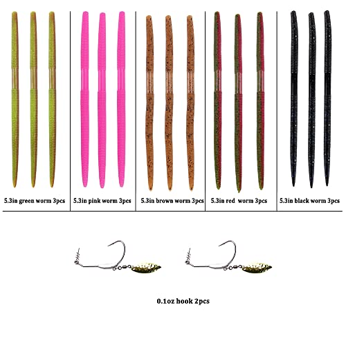 Soft Plastic Bass Fishing Lure 5.3" Senko Style Worms-Salt Impregnation, Ribbed Design Slow Sinking Swimbaits - color: 5 colors kit