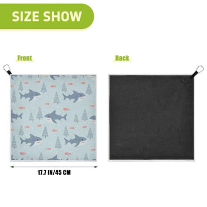 Sharks Fish Tree Blue Print Magnetic Golf Towel for Golf Bags Microfiber Golf Essentials for Men Women with Carabiner Clip Attaches to Clubs and Carts, 17.7"x17.7"