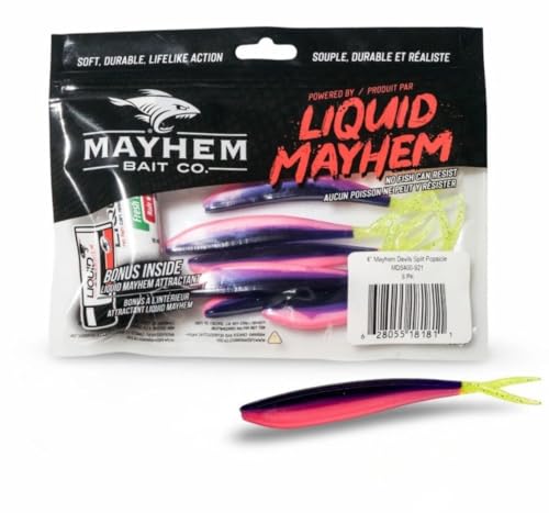 Liquid Mayhem Devils Split 4” – Soft Plastic Lures for Bass & Walleye with Fast Darting Action – Includes Bonus 10ml Attractant – 6 Baits Each Pack - size: 4" Kit - 1 Pack, style: Popsicle