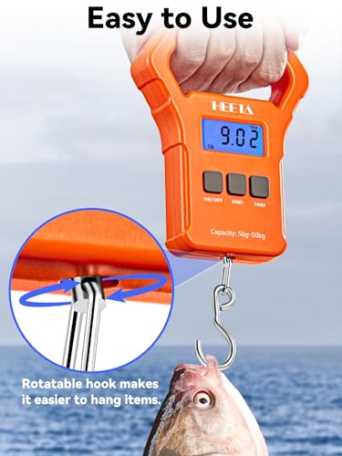 HEETA Fish Scale 110lb/50kg Digital Hanging Fishing Luggage Weight Scale | Portable with Backlit LCD Display, Hook & Non-Slip Large ABS Handle, Fishing Gifts Gear for Men, 2 AAA Batteries Included - color: Orange