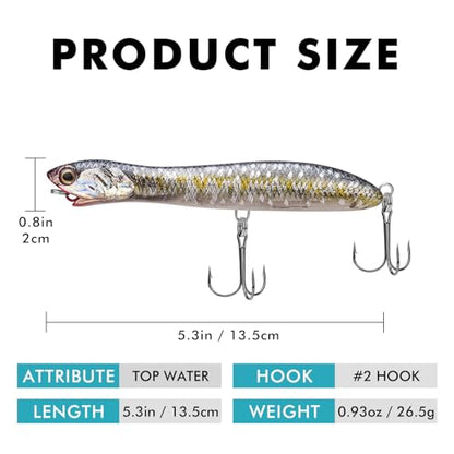TRUSCEND Popobait Easy Catch Fishing Lures with BKK Hooks, Instant Startup, Longer Cast, Balanced Spray/Sound/Swim, Plopper Topwater Lures for Bass, Trout, Pike, Walleye, Freshwater Saltwater Fishing - color: E2-5.3",0.9oz