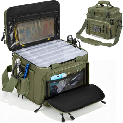 Fishing Tackle Bag - Holds 3400-3600 Size Tackle Boxes -Saltwater & Freshwater Fishing Bags - Padded Shoulder Strap Fishing Bags(Green) (Bag Only) - color: Green