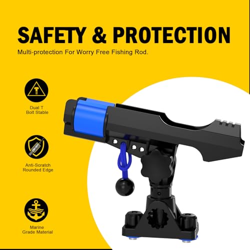 2-in-1 Fishing Rod Holder for Boat Kayak Rod Holder Track Deck Mount, Secure Fishing Pole Holders with Triple Rod Protection, Dual T Bolt, Bungee Cord & Sliding Loop