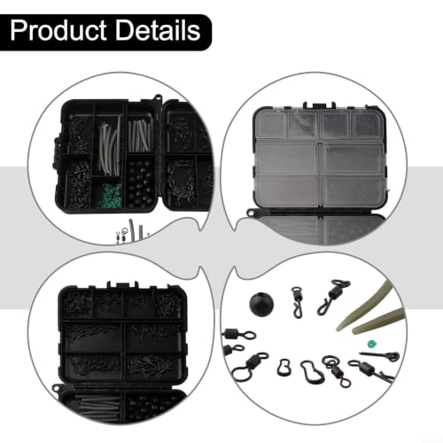 300Pcs Carp Fishing Tackle Box Kit with Clips Hooks Swivels Terminal Rigs Snaps, Plastic Organizer Case for Bass Trout Rock Fishing, Black