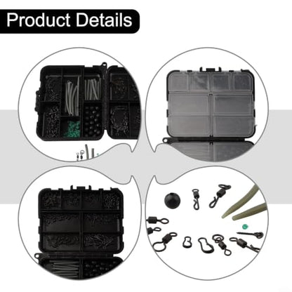 300Pcs Carp Fishing Tackle Box Kit with Clips Hooks Swivels Terminal Rigs Snaps, Plastic Organizer Case for Bass Trout Rock Fishing, Black