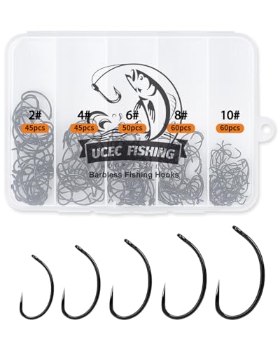 UCEC 190/220/260PCS Barbless Fishing Hooks, Carp Hooks Circle Curve Shank Fly Tying Fishing Hook Tackle Kit for Freshwater Saltwater Hair Rig Trout Size: 2# 4# 6# 8# 10# - size: 260PCS,2# 4# 6# 8# 10#