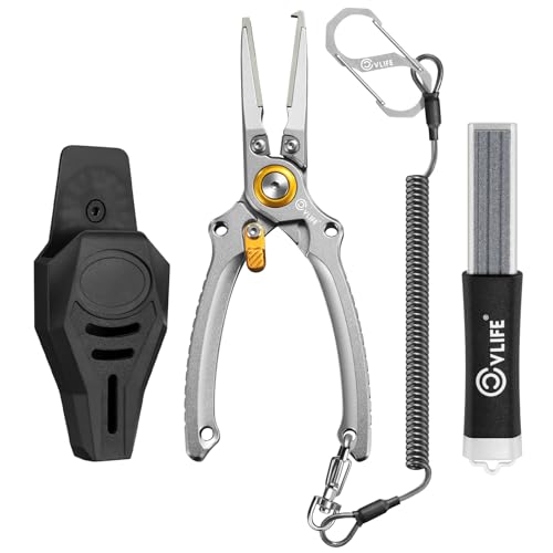 CVLIFE Fishing Pliers, Saltwater Hook Remover Kit, 7.5 Inch Aluminum Split Ring Pliers for Fishing with 17-4 PH Stainless Steel Jaws, Sheath, Tungsten Cutters Hook Sharpener & S-Carabiner - color: Silver