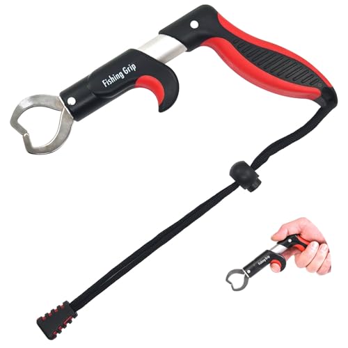 Pistol Grip Stainless Steel Fish Lip Gripper, Portable Handheld Fish Lip Clip with Lanyard, Freshwater Saltwater Fishing Fish Holder for Anglers (Red)
