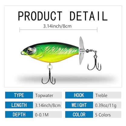 5Pcs Whopper Fishing Lure for Bass Popper Topwater Fishing Lures with Two Propeller Blade Floating Rotating Tail Barb Treble Hooks in Freshwater Plopping Lures