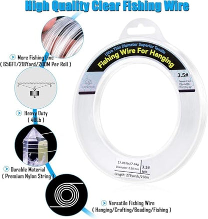 Clear Fishing Wire, Monofilament Fishing Line, Clear String for Hanging, Invisible Strong Wire Nylon Thread for Hanging Balloon Garland Picture Decorations - size: 0.3mm/820ft/12lb