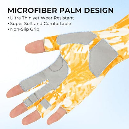 KastKing Agies Fishing Gloves Men, UPF 50+ Sun Gloves UV Protection, Cooling Quick-Dry 3/4 Fingerless Gloves with Extended Cuff, Microfiber Palm & Pull Tabs, for Fishing, Kayaking, Hiking, Hunting - color: X Camo-Mahi, size: Large-X-Large