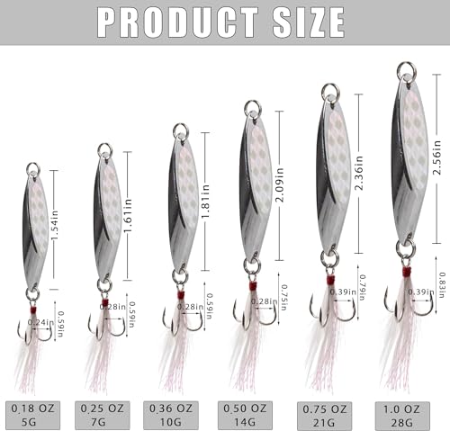 Spoon Lure Jigging Fishing Lures,Sinking Metal Luminous Spoons Hard Bait Saltwater with Treble Fishing Hooks for Salmon Bass Fishing Tackle - size: 3/4oz (21g) - 6pcs