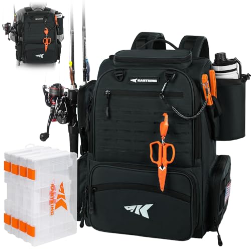 KastKing Bait Boss Fishing Tackle Backpack with Rod Holders-4 Tackle Boxes-Rain Cover,Storage for Fishing Gear - color: E: Black (Aluminum Back Support System)