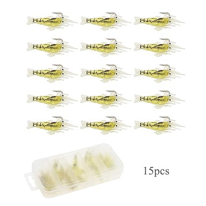 15pcs Shrimp Bait Hooks, Soft Prawn Fishing Lures Simulation Lure for Trout Bass Salmon