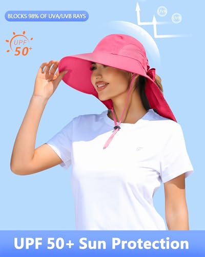 Womens Sun Hat Outdoor UV Protection Wide Brim Fishing Hat with Ponytail Hole Neck Flap for Beach Hiking Camping - color: Watermelon Red