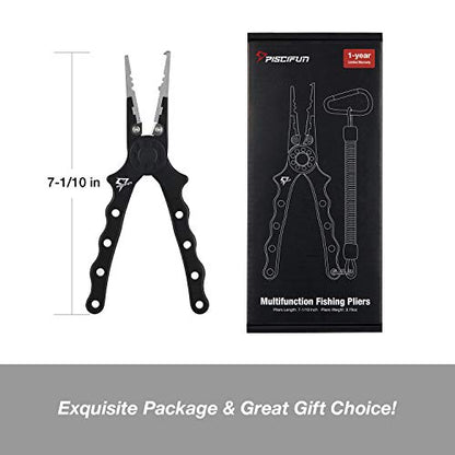 Piscifun Saltwater Fishing Pliers, Aluminum, Split Ring, Braid Cutter | Hook remover, tungsten carbide blade, spring-loaded jaws, ergonomic grip, sheath and lanyard - color: Black, style: Nylon Sheath