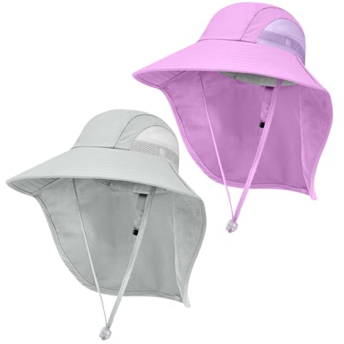 Kids Sun Hat UPF50+ Summer Beach Play Sun Protection Hats with Neck Flap for Ages 5~14 Girls Boys - color: Purple＆light Grey