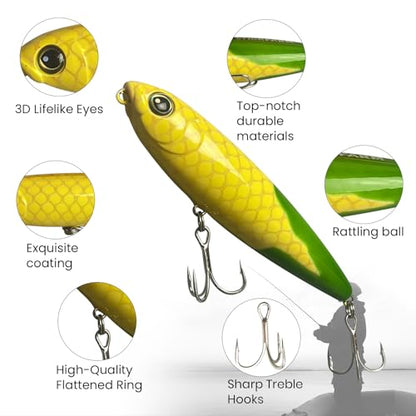 Pristis 3 pcs Topwater Fishing Plopper Lures, Floating Popper Bait Set with Chemically Sharpened Hooks for Saltwater Freshwater, Top Water Plopping Swimbait Teaser for Bass Tuna Perch Pike Crappie - color: Vibrant Harvest Stick Lures