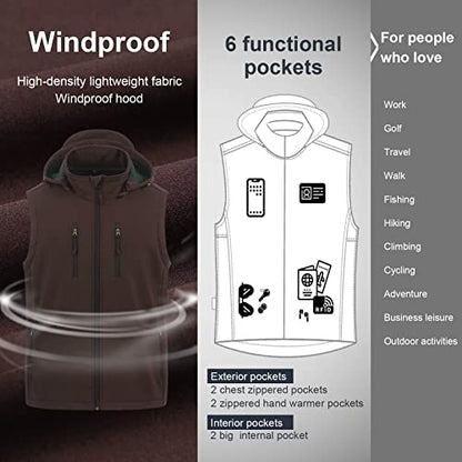 CREATMO US Men's Casual Lightweight Warm Thin Outerwear Vest Windbreaker Sleeveless Jacket With Removable Hood - color: Brown, size: 3X-Large