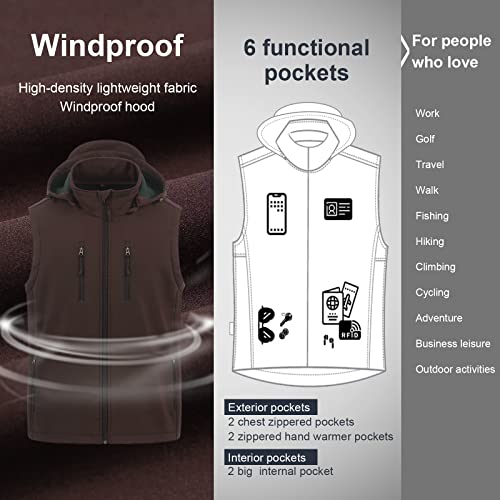 CREATMO US Men's Casual Lightweight Warm Thin Outerwear Vest Windbreaker Sleeveless Jacket With Removable Hood - color: Brown, size: Large