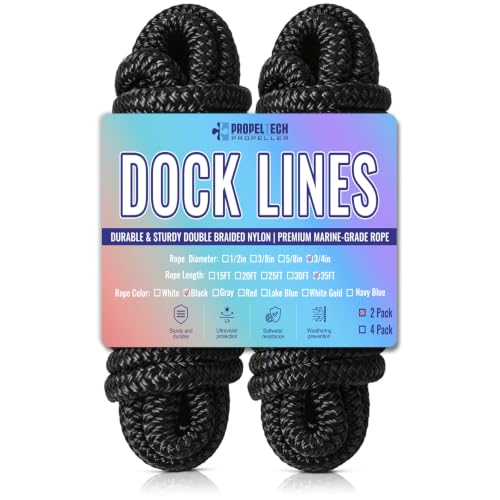 2 Pack 3/4" x 35' Boat Dock Lines, Improved Double Braided Nylon Boat Ropes for Docking with 15" Loop, Hurricane-Resistant Grade Marine Rope for Sailboats,Pontoons,Fishing Boats, Black - size: 3/4" x 35' (Pack of 2)