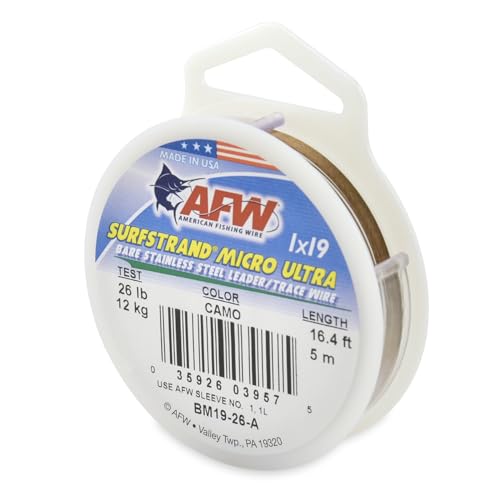American Fishing Wire Surfstrand Micro Ultra Bare 1x19 Stainless Steel Leader Wire - Fishing Leader Line for Saltwater, 6.6lb Test - 61lb Test, Camo Color, 5m Length - style: 26 Lb / 5 M