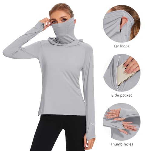 BASSDASH Women’s UPF 50+ Hoodie Shirt with Breathable Face Mask - color: Light Grey, size: 3X-Large