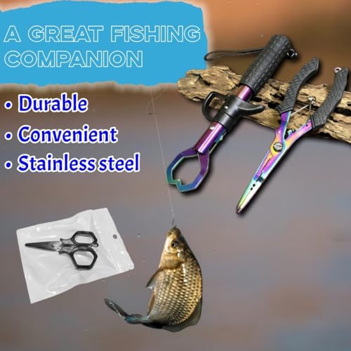 Pro Fishing Gear Fishing Tool Set, Fishing Pliers with Lanyard, Fish Lip Gripper, Fillet Knife, Fishing Braid Scissors, Nylon Sheath, Retractable Tool Tether, Sharpener, Fishing Gifts for Men - color: Red+colorful
