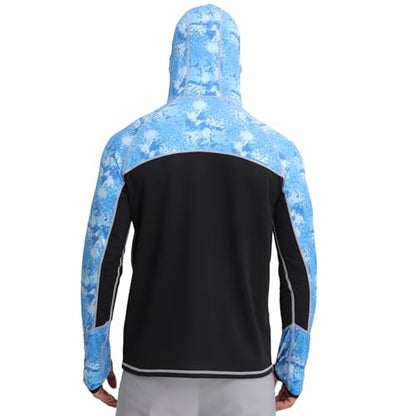 Men's Performance Fishing Shirts,Sun Protection Hoodie Long Sleeve UPF 50+ Hiking Shirt with Mask Cap - color: Blue 1, size: XX-Large