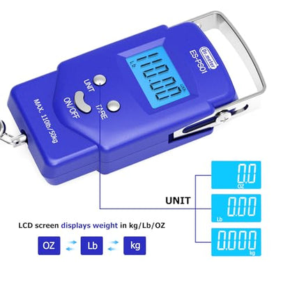 Dr.meter Fish Scale Luggage Scale Fishing Gear - 110lb Backlit LCD Display Digital Scale with Built-in Measuring Tape - Fishing Scale with 2 AAA Batteries, Pocket Size - Fishing Gifts for Men - color: Blue