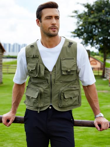 Gihuo Mens Fishing Vest Lightweight Utility Vests Cargo Outdoor Safari Travel Vest with Pockets - color: Army, size: Medium