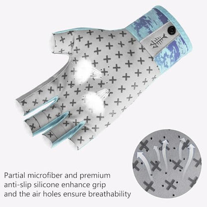 BASSDASH 3/4 Finger UPF 50+ Sun Gloves Breathable Anti-Slip Silicone Palm for Men Women Fishing Fingerless Cycling Running - color: Seafoam Digital Gradient, size: Small