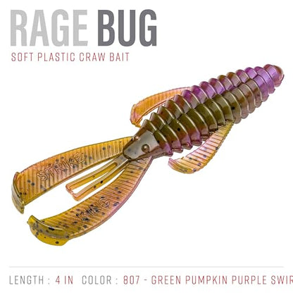 Strike King Rage Bug Fishing Lure, Soft Plastic Grub, Unique Design, Subtle Action - color: Green Pumpkin Purple Swirl, size: 4"