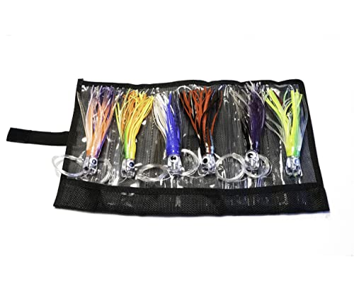 Fishing Lure Set of 6 Trolling Saltwater Skirted Lures: Rigged Lures and Black Bag Included. Catch Any Predatory Pelagic Fish in The Ocean Including Dolphin, Tuna, and Wahoo! - size: 6.5 inch