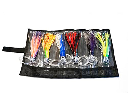 Fishing Lure Set of 6 Trolling Saltwater Skirted Lures: Rigged Lures and Black Bag Included. Catch Any Predatory Pelagic Fish in The Ocean Including Dolphin, Tuna, and Wahoo! - size: 6.5 inch