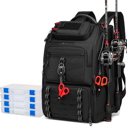 Fishing Tackle Backpack, 40L Tackle Bag with 2 Rod Holders & 4 Tackle Boxes, Water-Resistant Large Storage Fishing Gear and Equipment, Fisher Gifts for Men, Black - color: B-Black with 4 Tackle Boxes