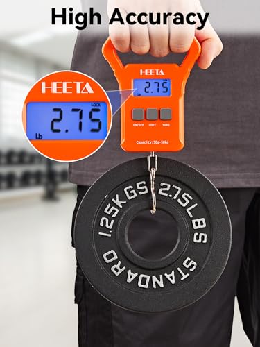 HEETA Fish Scale 110lb/50kg Digital Hanging Fishing Luggage Weight Scale | Portable with Backlit LCD Display, Hook & Non-Slip Large ABS Handle, Fishing Gifts Gear for Men, 2 AAA Batteries Included - color: Orange