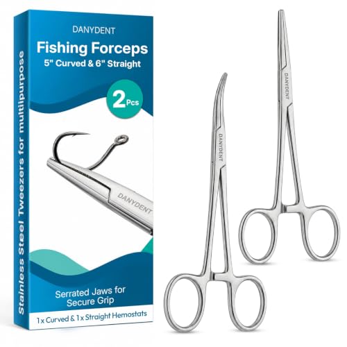 Fishing Forceps Set of 2 – 5 Inch Curved & 6 Inch Straight Stainless Steel Hemostats, Serrated Jaws, 3-Position Locking Mechanism, Lightweight Hook Remover Tool