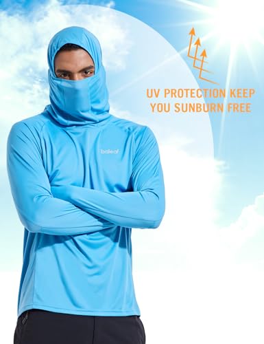 baleaf Men's Sun Protection Hoodie Shirt UPF 50+ Long Sleeve UV SPF T-Shirts with Mask Rash Guard Fishing Lightweight - color: 02-blue, size: Large