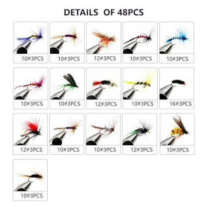 Fly Fishing Flies Kit-12pcs/32pcs/48pcs/64pcs Trout Flies Fly Fishing Lures with Fly Fishing Box Fly Fishing Assortment Kit for Bass Fly Fishing Flies Dry Wet Flies
