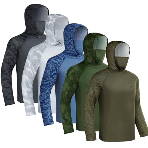 Rodeel UPF 50+ Men’s Long Sleeve Performance Fishing Hiking Shirt with Mask UV Neck Gaiter Hoodie - color: A1.5pack：black,grey,blue,green,brown, size: Medium