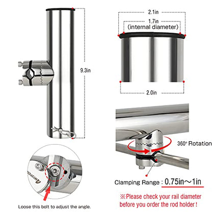 AMYSPORTS Stainless Steel Trolling Rod Holder Clamp Side Mount Fishing Pole Holders Adjustable Kayak Rail Rods Supporters Boat Sailboat for Boating