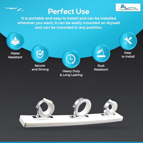 MARINE CITY Fishing Rod Storage Hanger Rack, 3-Rod Reel with White Poly Board, 316 Stainless Steel, Length 2.71 Inches for Boats Yachts Cars & Marine Use - color: 3 Rod (Stainless-Steel, Silver)