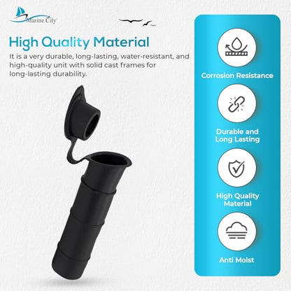 MARINE CITY Black Liner Injection Molded PVC Rod Holder with Cover, Water-Resistant, Durable, Easy to Install, for Yachts, Boats, Kayaks & More