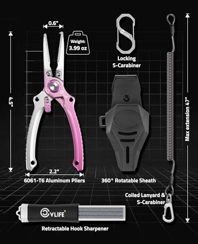 CVLIFE Fishing Pliers, Saltwater Hook Remover Kit, 7.5 Inch Aluminum Split Ring Pliers for Fishing with 17-4 PH Stainless Steel Jaws, Sheath, Tungsten Cutters Hook Sharpener & S-Carabiner - color: Pink